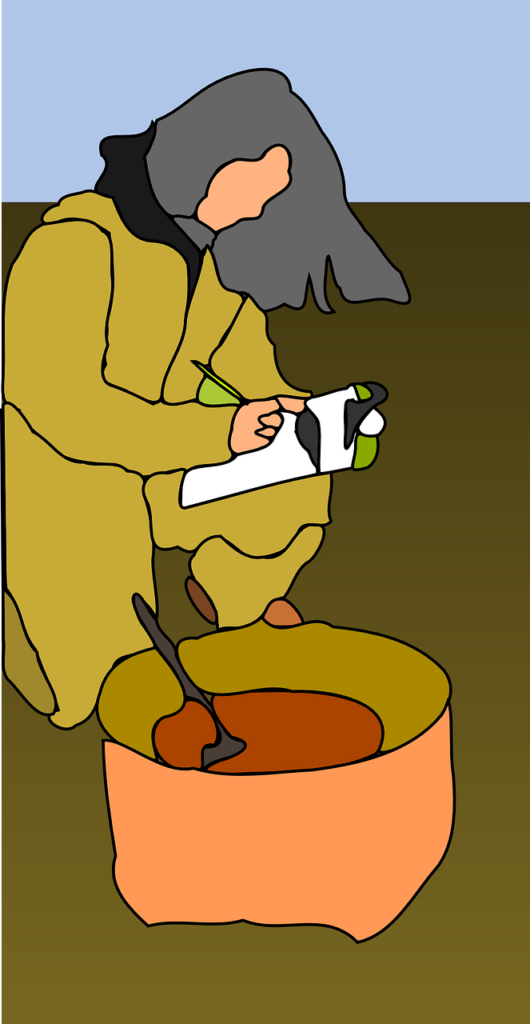 Minimalistic drawing of a person writing on a clipboard while bent over a bucket with a trowel.