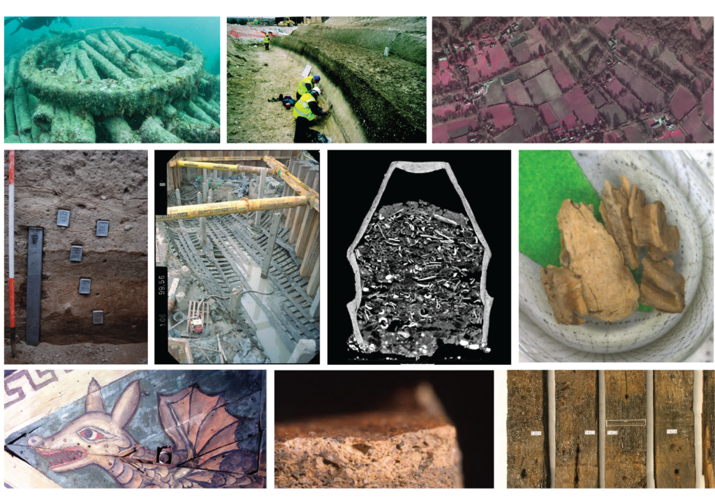 A montage of images that represent different methods and data from heritage science