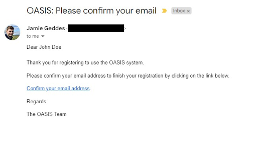 Example confirmation email from the OASIS team